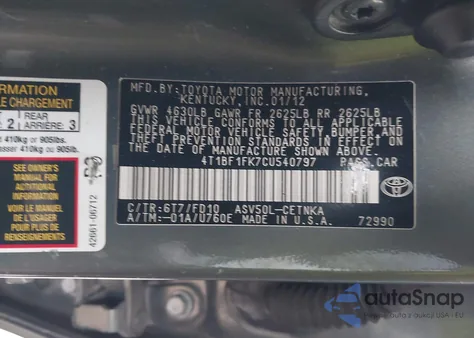 2012 Toyota Camry Le from USA, damaged, VIN 4T1BF1FK7CU540797